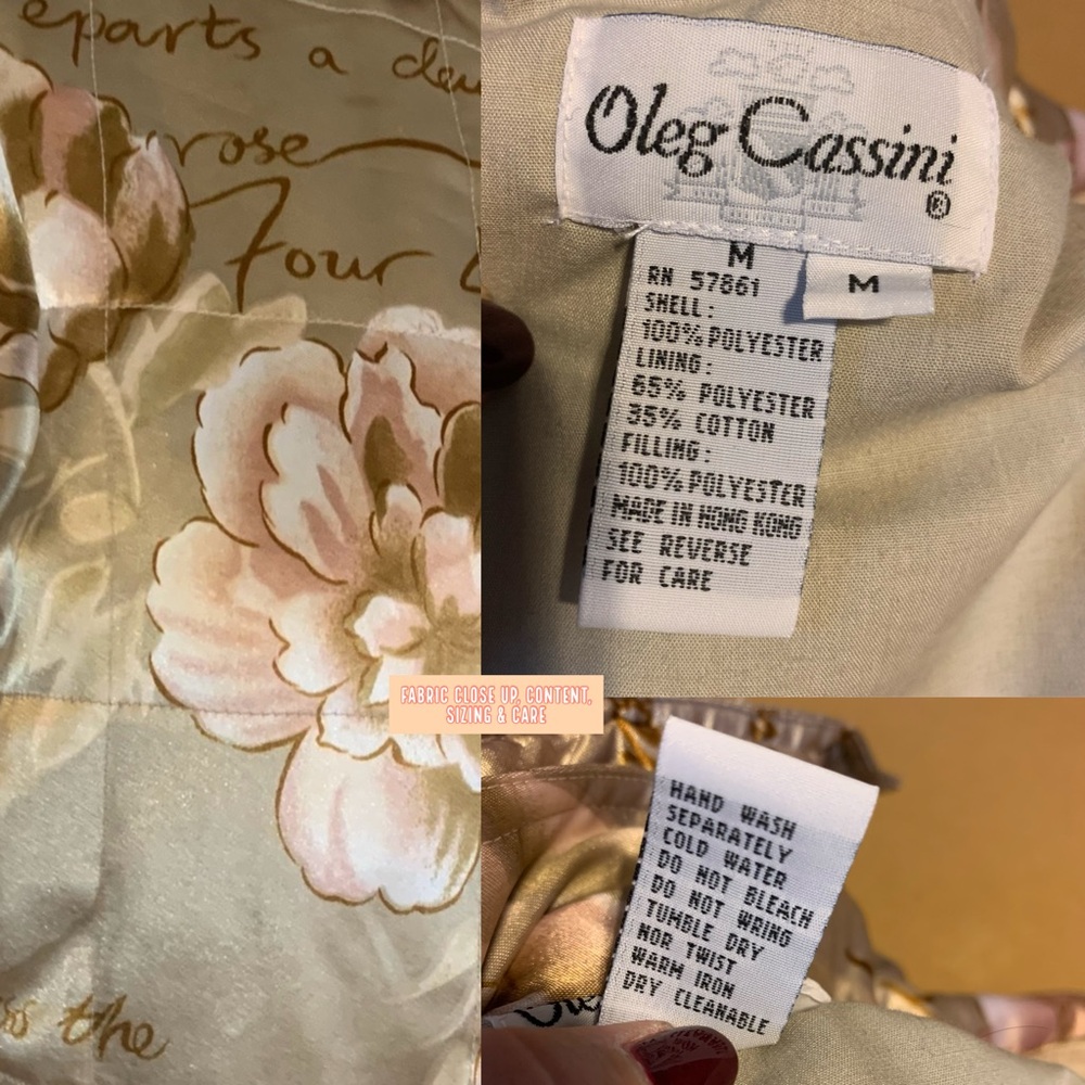 VINTAGE OLEG CASSINI FLORAL PRINT CREAM A  PINK BLUSH SATIN BOMBER JACKET (M) - Picture 10 of 13